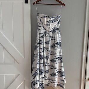 Reformation White Strapless Dress with Navy Scenic Print